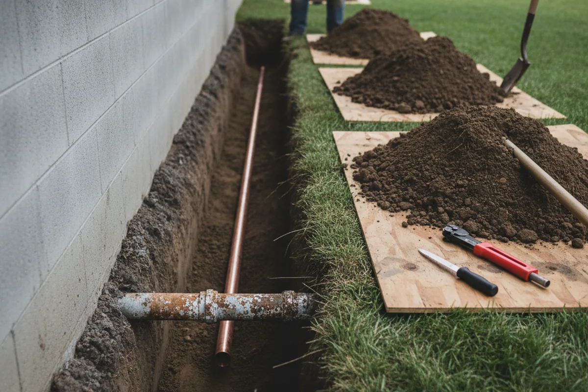 Excavated water line trench during Water Softener Installation in Neosho